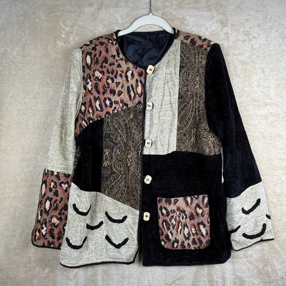 Indigo Moon Patchwork Leopard Paisley Tapestry Jacket M Women's Artsy Retro Boho